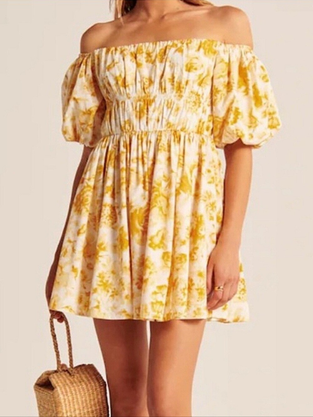 Abercrombie & Fitch Off The Shoulder Puff Sleeve Yellow Floral Mini Dress Size M